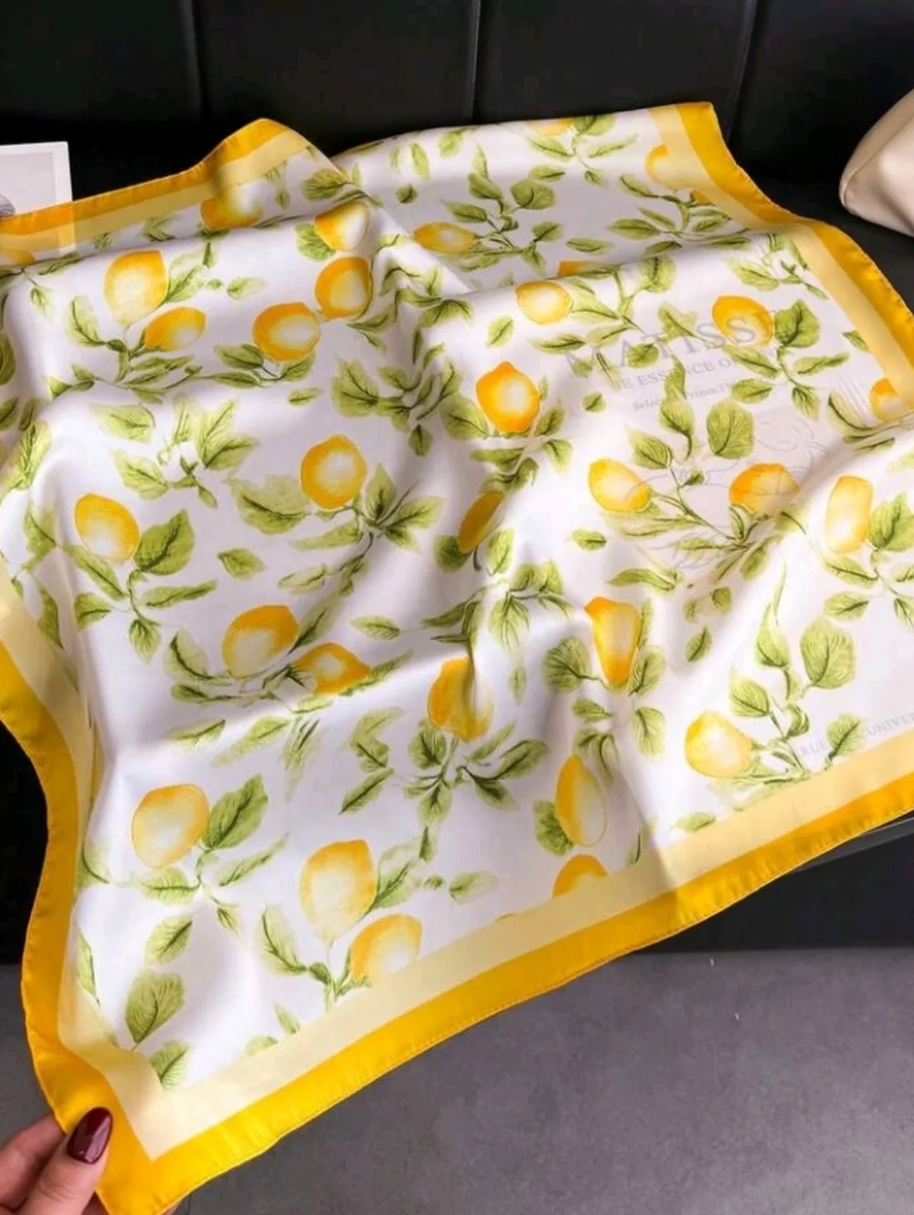 Yellow Lemons Print Satin Scarf Summer Elegant Fun Scarf